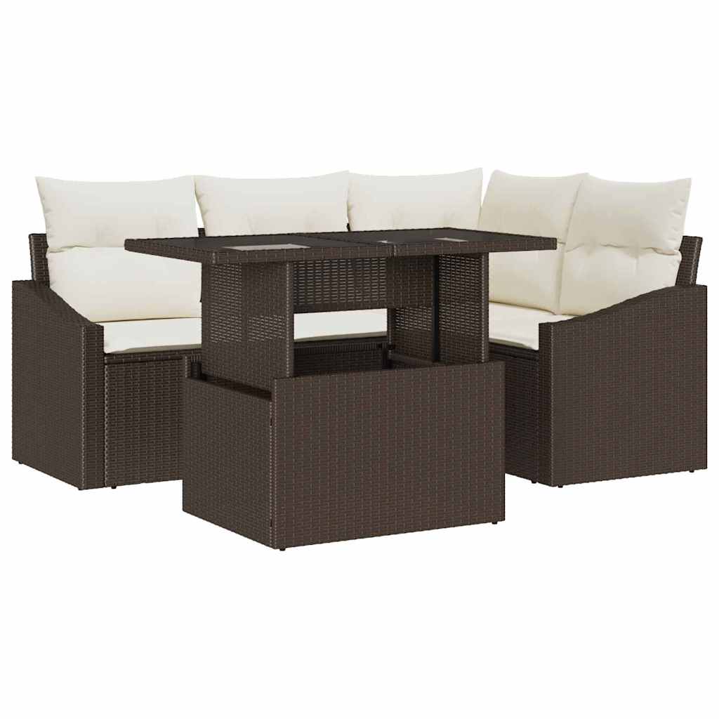Havesofa Sæt med pude 5 pcs Brun og Creme polyrattan