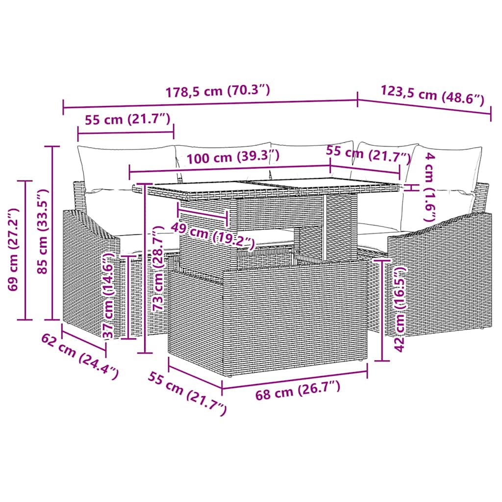 Havesofa Sæt med pude 5 pcs Brun og Creme polyrattan