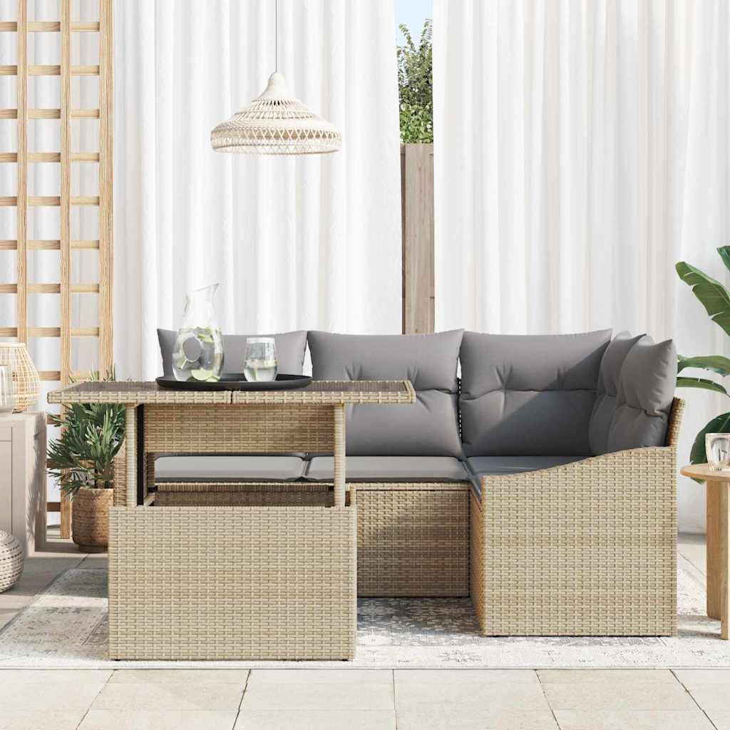 Havesofa Sæt med pude 5 pcs Beige og lys grå polyrattan