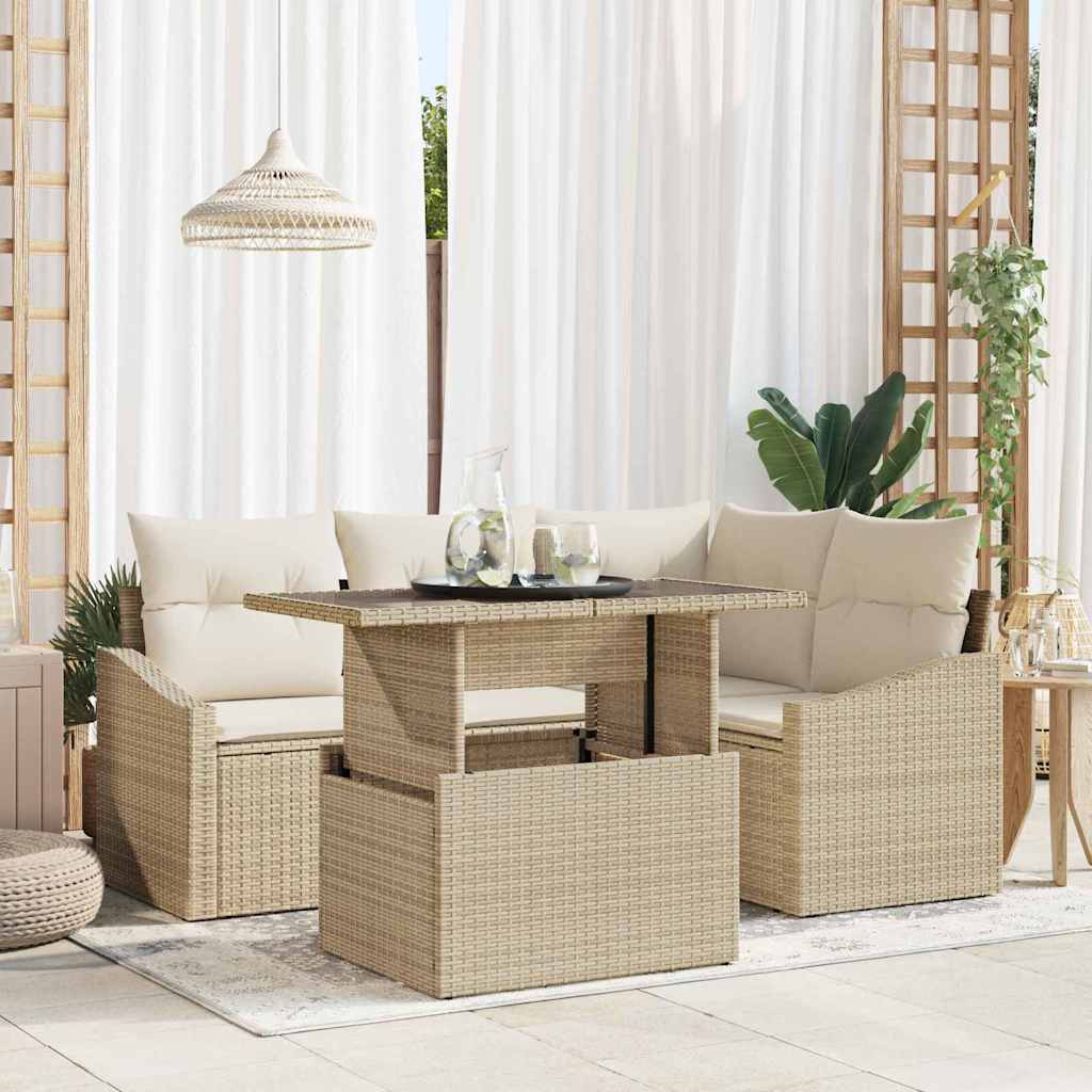 Havesofa Sæt med pude 5 pcs Beige og creme polyrattan