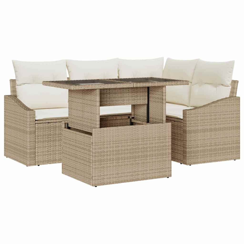 Havesofa Sæt med pude 5 pcs Beige og creme polyrattan