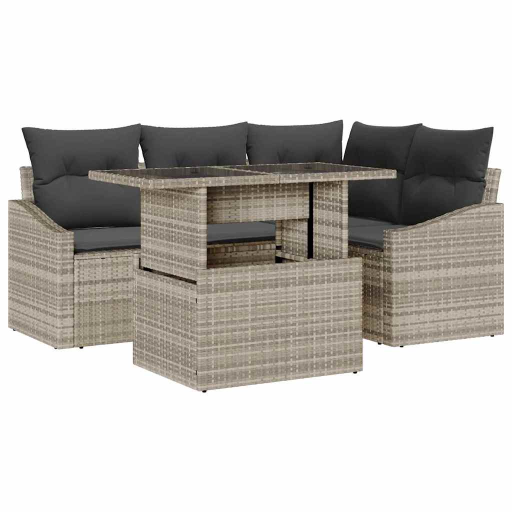 Havesofa Sæt med pude med opbevaring 5 pcs Lysegrå polyrattan
