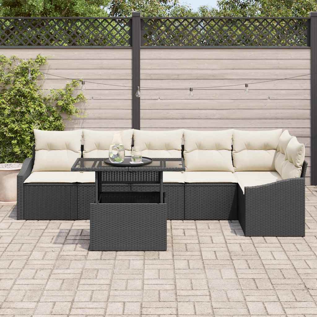 Havesofa Sæt med pude med opbevaring 7 pcs Sort og cremefarvet