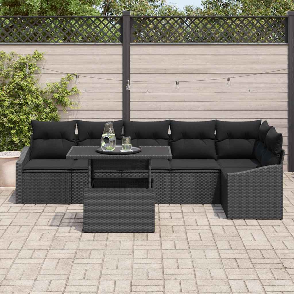 Havesofa Sæt med pude med opbevaring 7 pcs Sort polyrattan