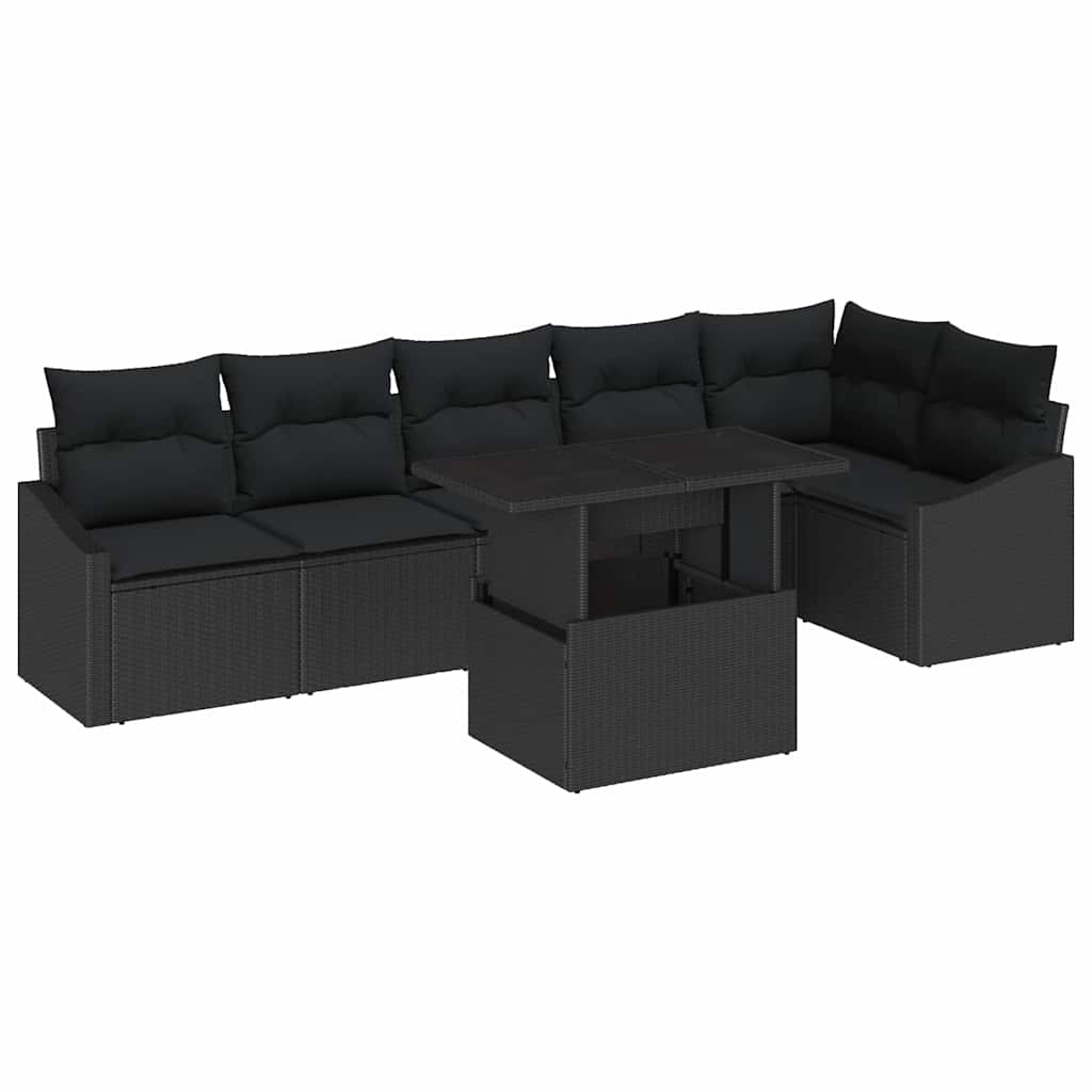 Havesofa Sæt med pude med opbevaring 7 pcs Sort polyrattan