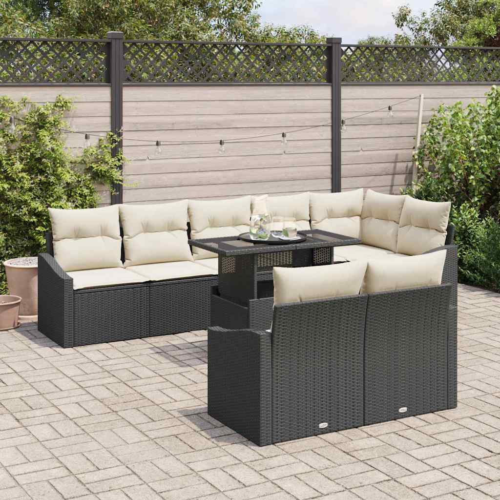 Havesofa Sæt med pude 9 pcs Sort og Cream polyrattan