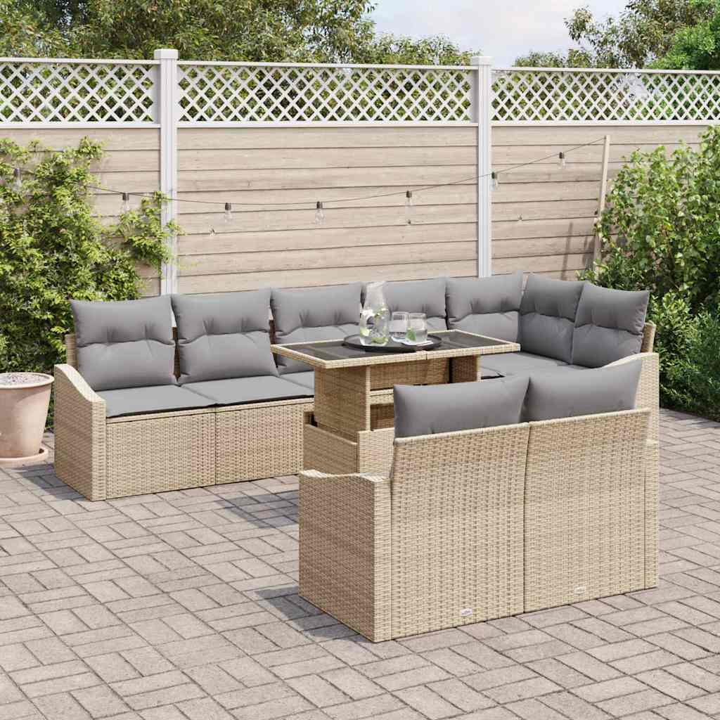 Havesofa Sæt med pude 9 pcs Beige og lys grå polyrattan