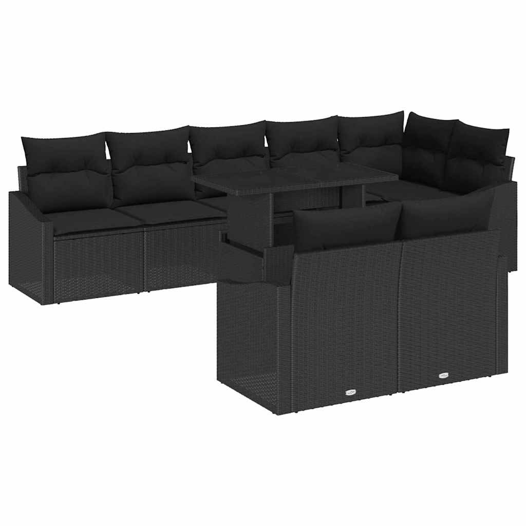 Havesofa Sæt med pude med opbevaring 9 pcs Sort polyrattan