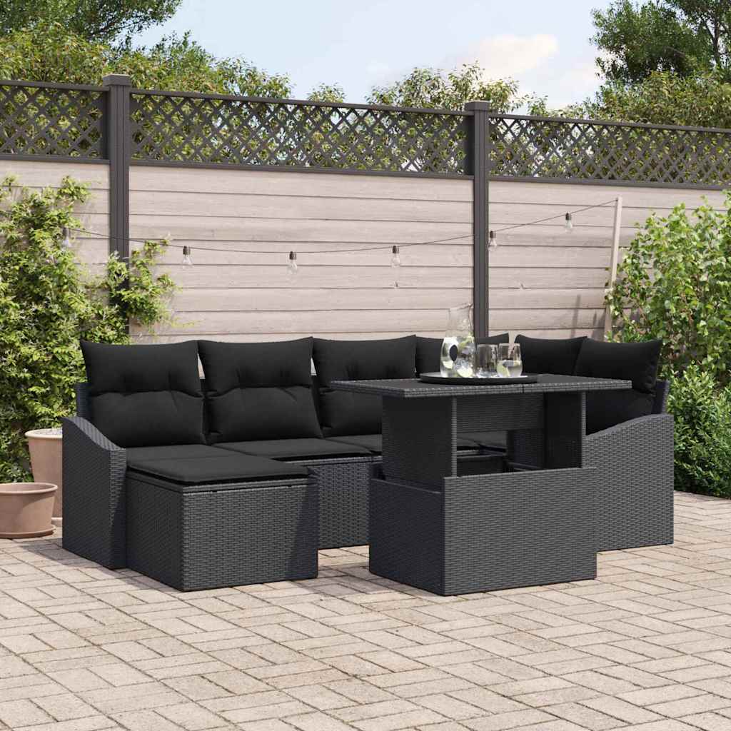 Havesofa Sæt 7 pcs Sort Polyrattan og pulverlakeret stål
