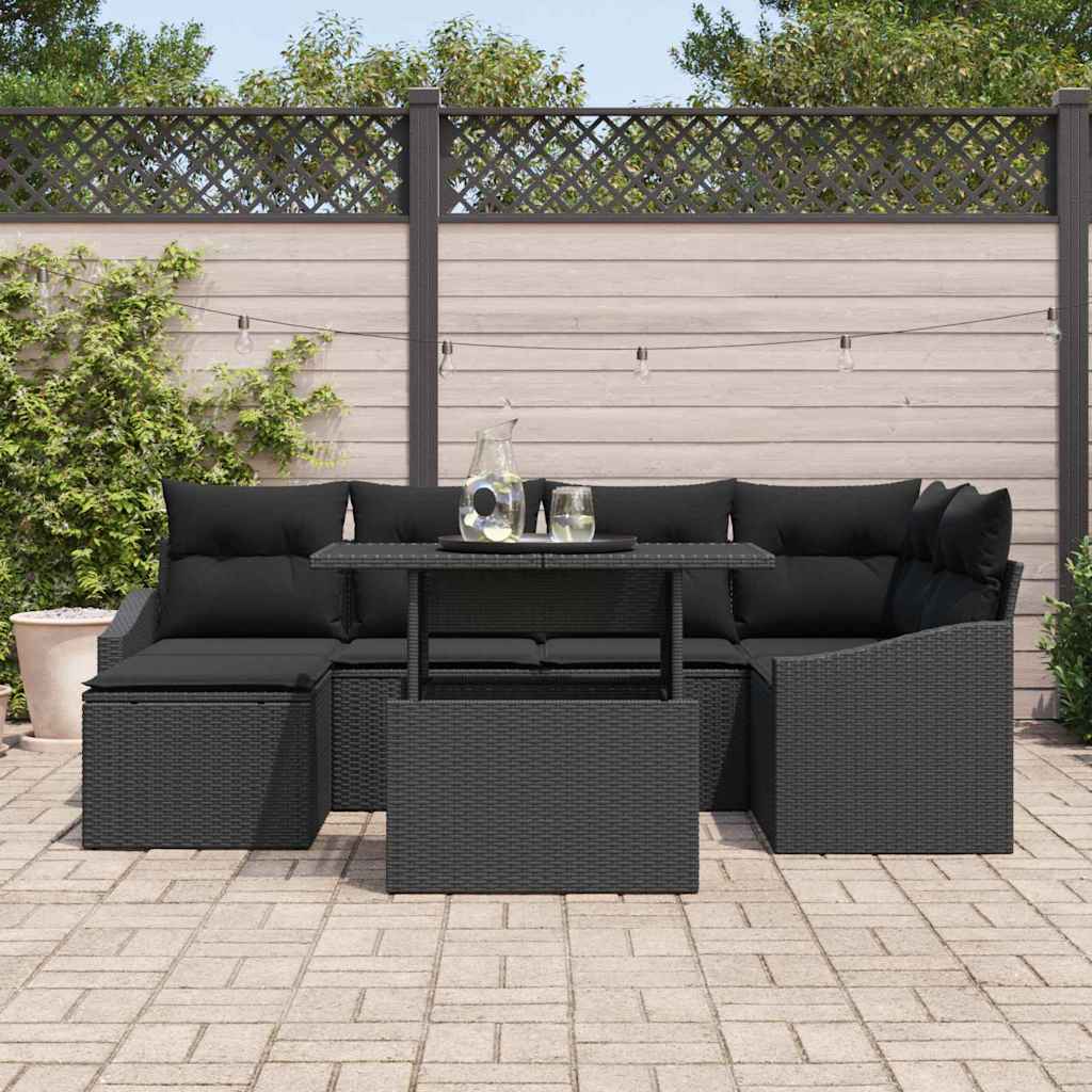 Havesofa Sæt 7 pcs Sort Polyrattan og pulverlakeret stål