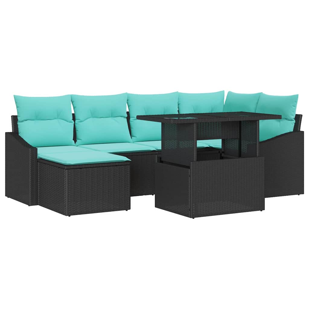 Sofa Sæt med pude med opbevaring 7 pcs Sort og Blå Poly rattan