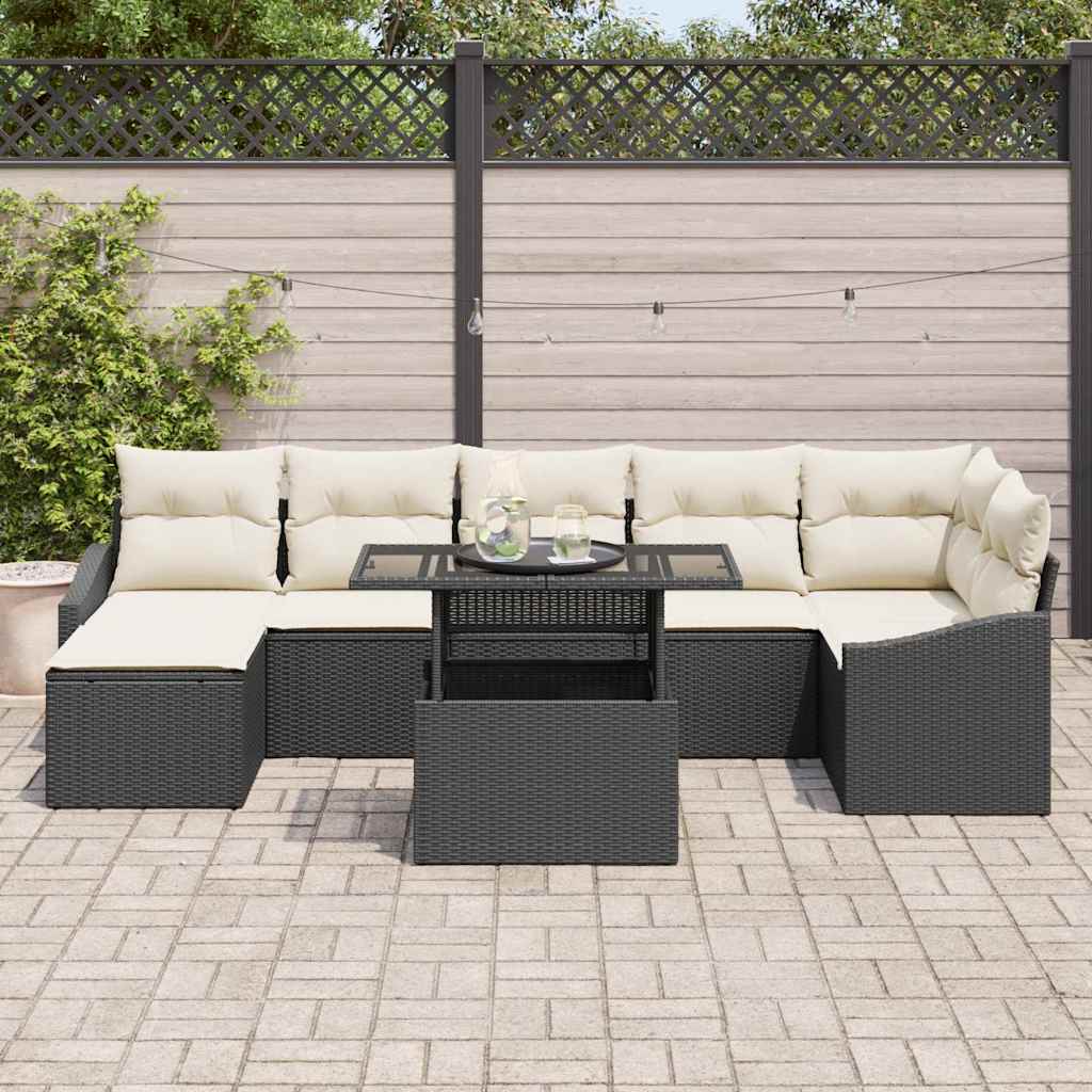 Havesofa Sæt med pude 8 pcs Sort og Cream polyrattan