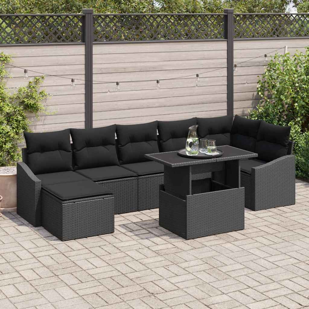 Havesofa Sæt med pude med opbevaring 8 pcs Sort polyrattan