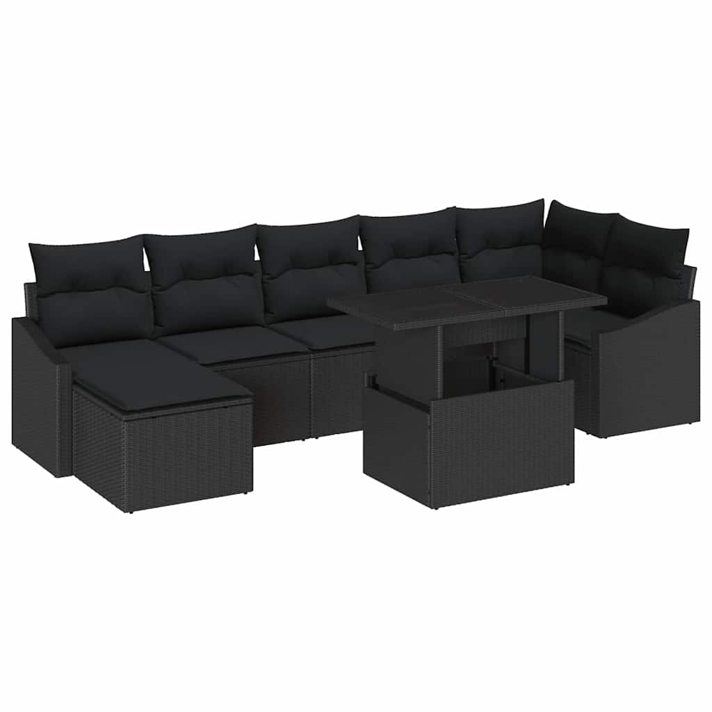 Havesofa Sæt med pude med opbevaring 8 pcs Sort polyrattan