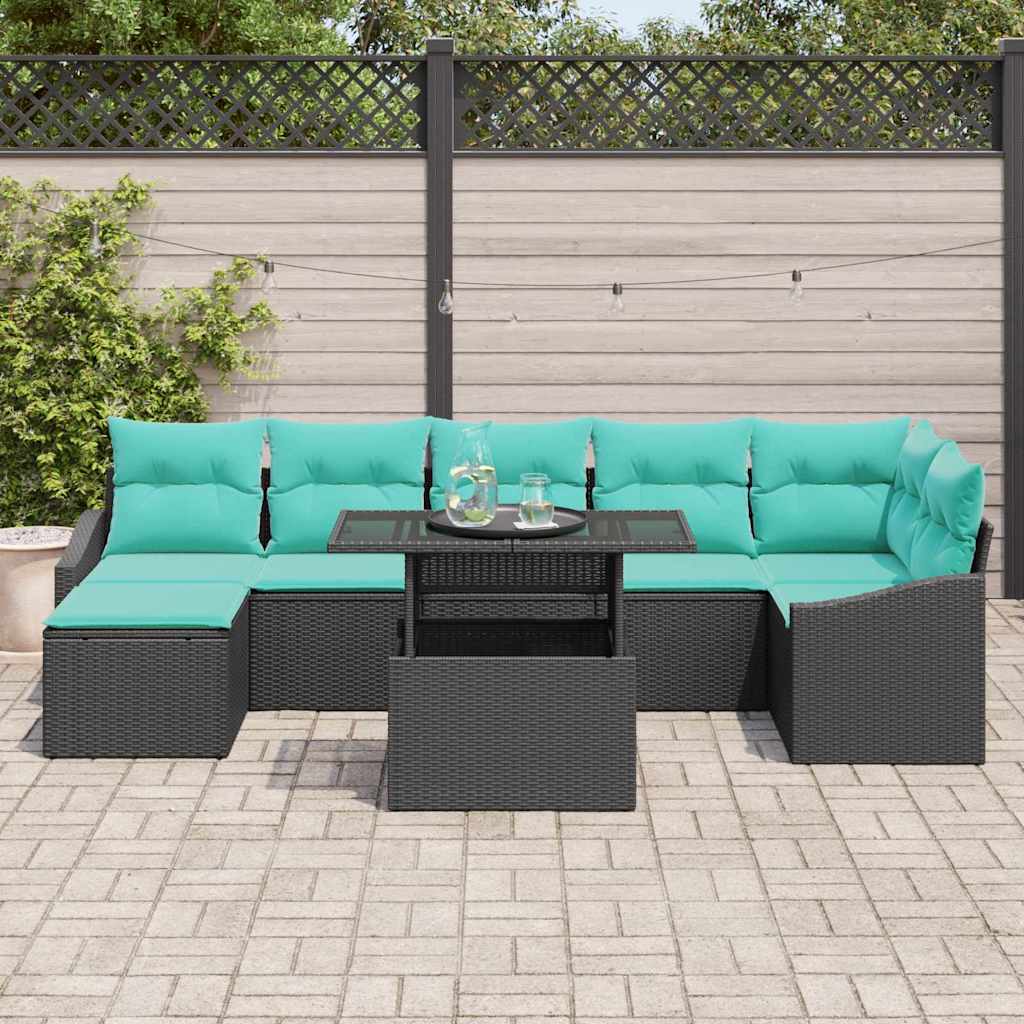 Havesofa Sæt med pude 8 pcs Sort og Blå polyrattan