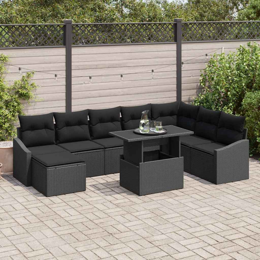 Sofa Sæt med pude med opbevaring 9 pcs Sort polyrattan