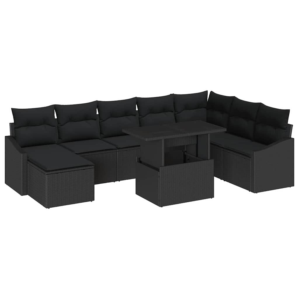 Sofa Sæt med pude med opbevaring 9 pcs Sort polyrattan