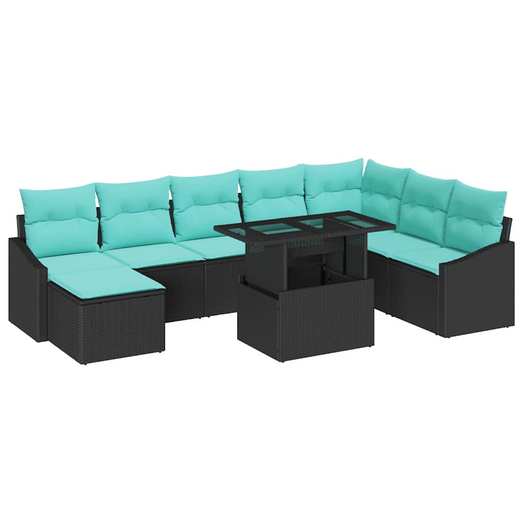 Sofa Sæt med pude med opbevaring 9 pcs Sort og Blå polyrattan