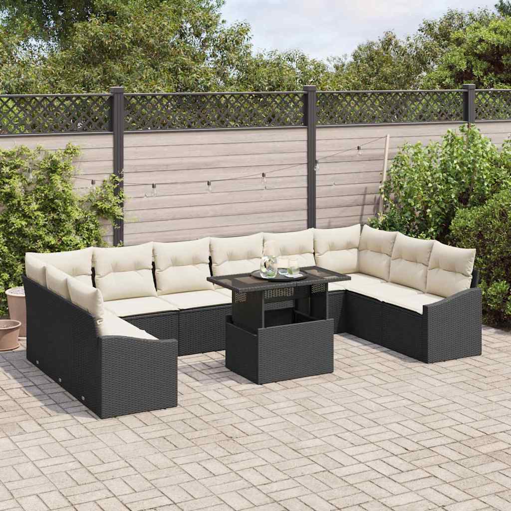 Sofa Sæt med pude 11 pcs Sort og Cream polyrattan