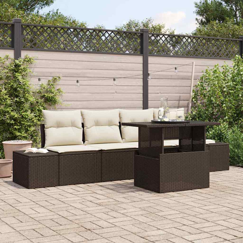 Sofa Sæt med pude 5 pcs Brun og Creme polyrattan
