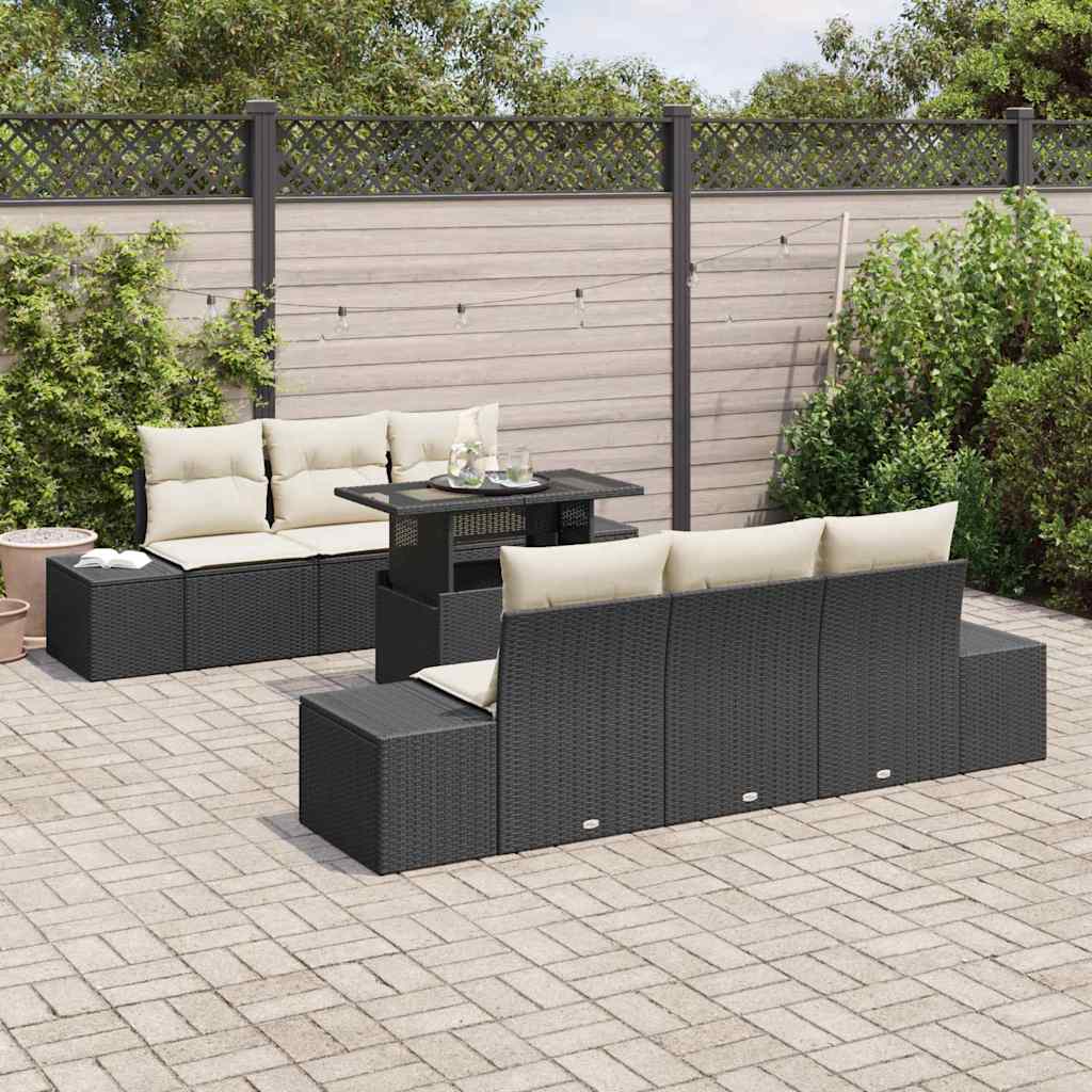 Sofa Sæt med pude 7 pcs Sort og Cream polyrattan
