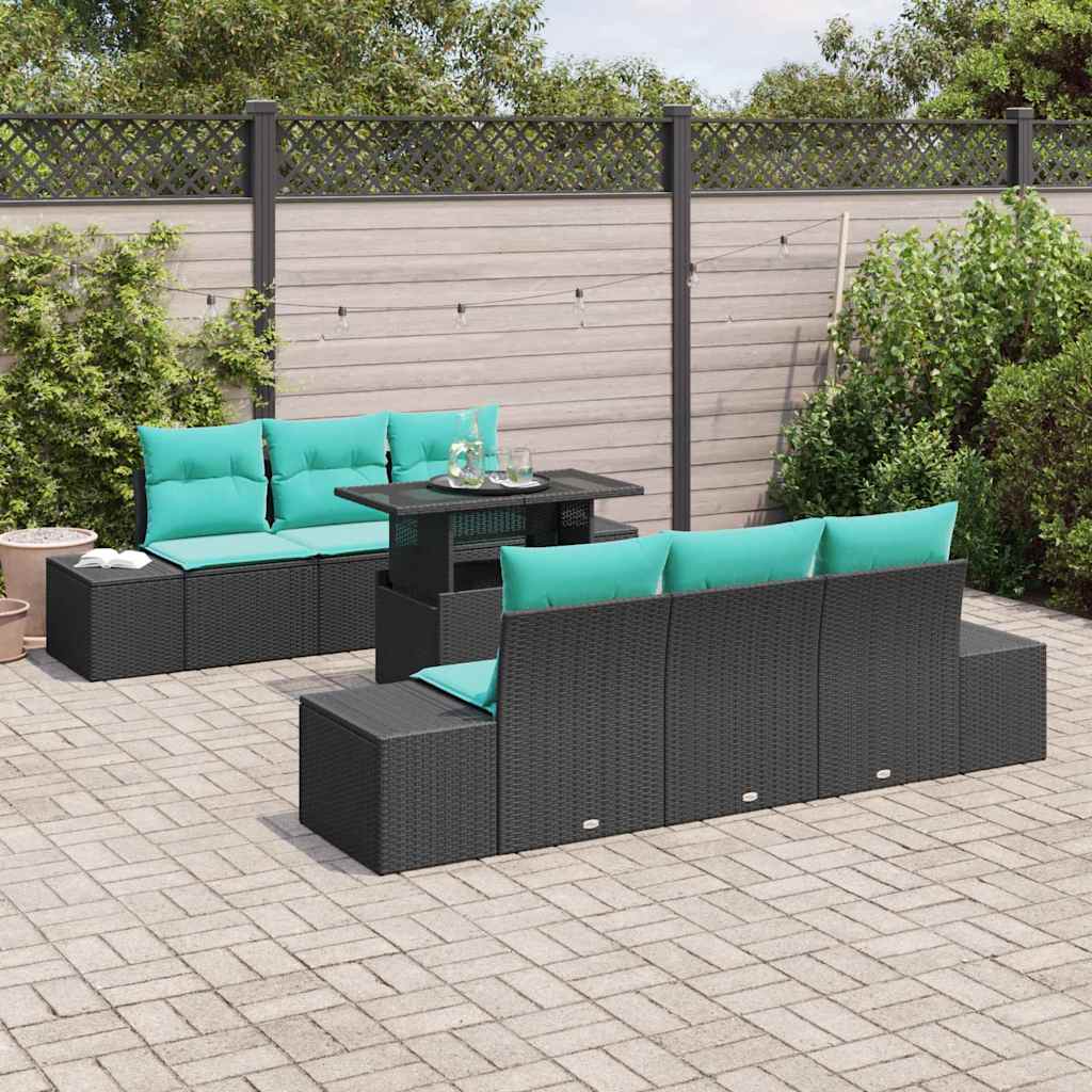 Sofa Sæt 7 stk. 6-Antal sæder Sort og Blå polyrattan