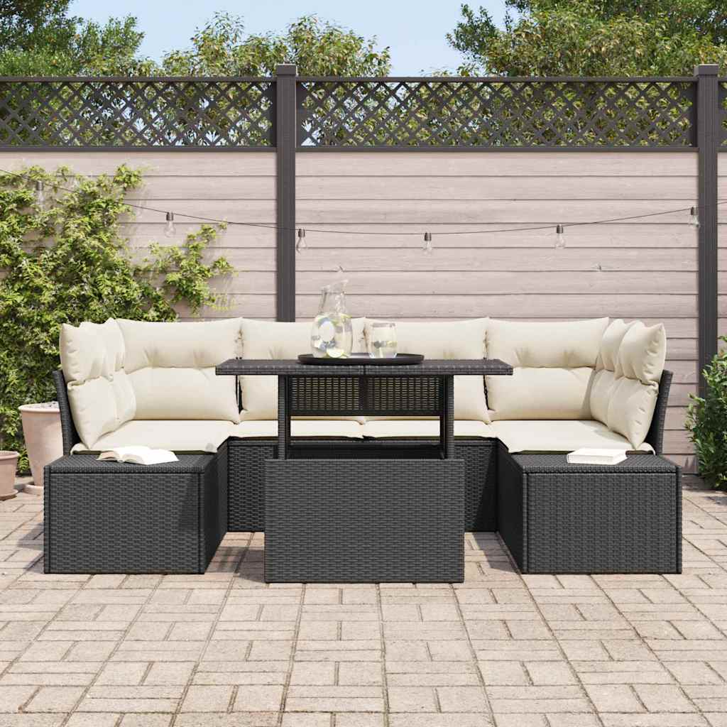 Sofa Sæt med pude 7 pcs Sort og Cream polyrattan