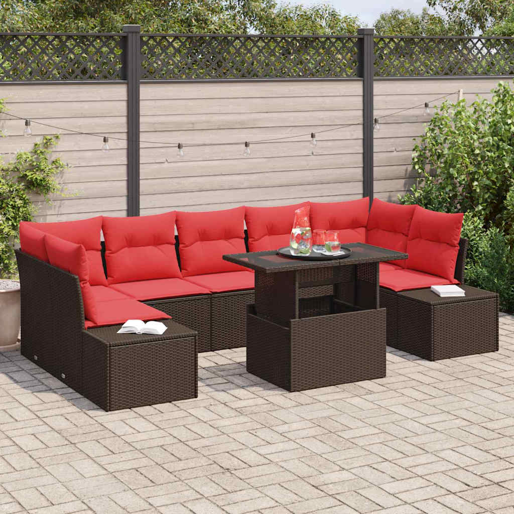 Havesofa Sæt med pude 8 pcs Brun og Rød polyrattan billede