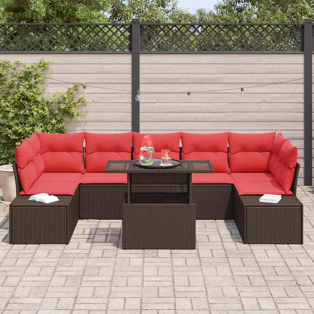 Havesofa Sæt med pude 8 pcs Brun og Rød polyrattan