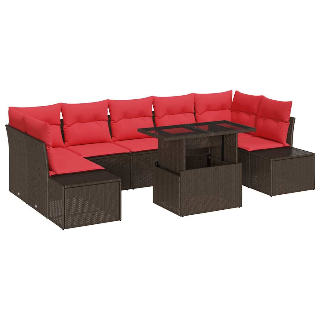 Havesofa Sæt med pude 8 pcs Brun og Rød polyrattan