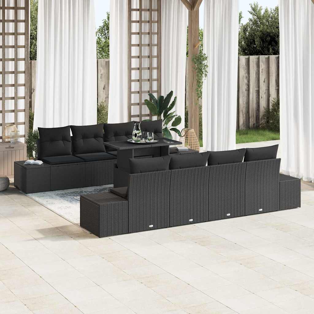 Havesofa Sæt med pude 9 pcs Sort polyrattan