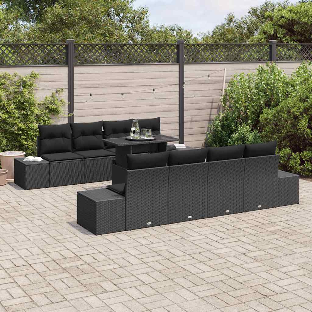 Havesofa Sæt med pude 9 pcs Sort polyrattan