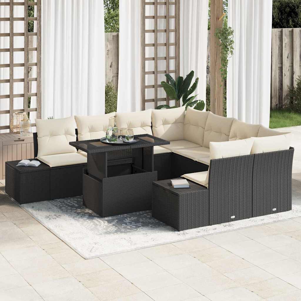 Havesofa Sæt med pude 9 pcs Sort og Cream polyrattan billede