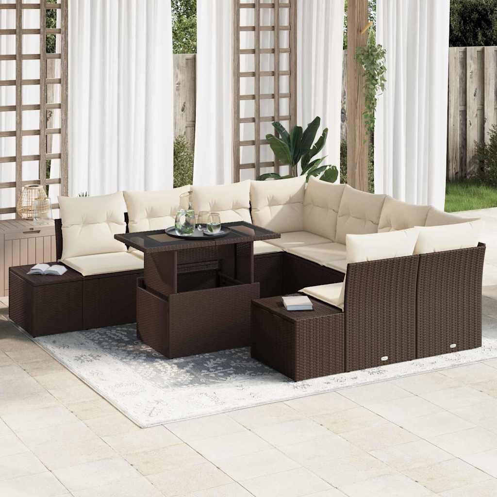 Havesofa Sæt med pude 9 pcs Brun og Creme polyrattan
