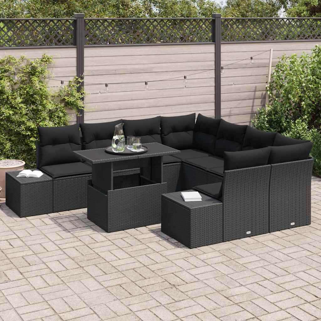 Havesofa Sæt med pude 9 pcs Sort polyrattan