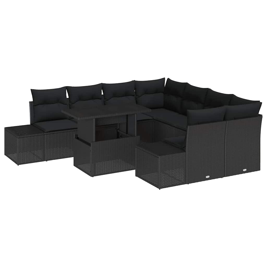 Havesofa Sæt med pude 9 pcs Sort polyrattan
