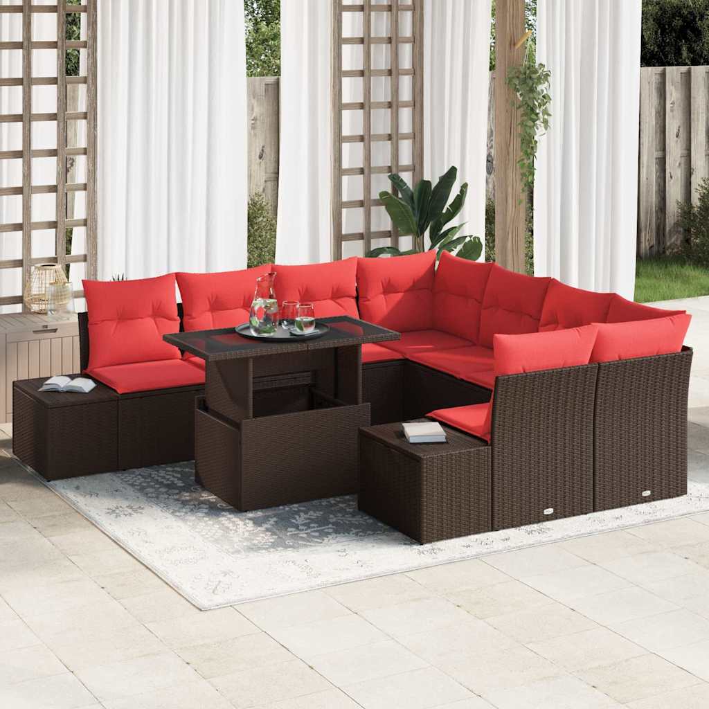 Havesofa Sæt med pude 9 pcs Brun og Rød polyrattan