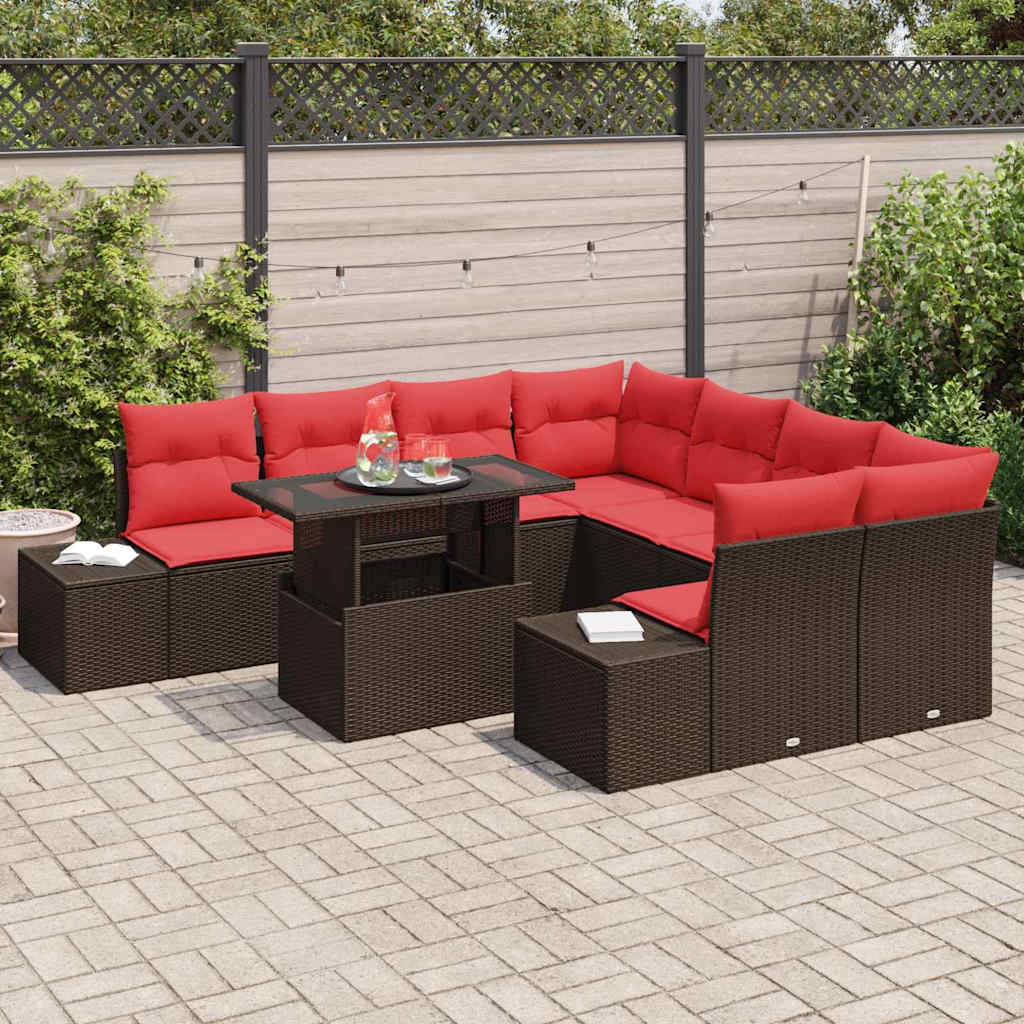 Havesofa Sæt med pude 9 pcs Brun og Rød polyrattan