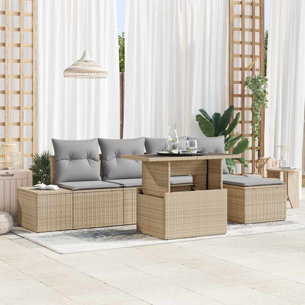Havesofa Sæt med pude 6 pcs Beige og lys grå polyrattan