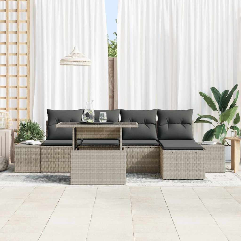 Havesofa Sæt med pude med opbevaring 6 pcs Lysegrå polyrattan