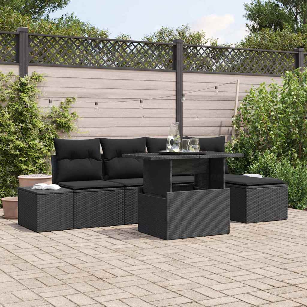 Havesofa Sæt med pude med opbevaring 6 pcs Sort polyrattan