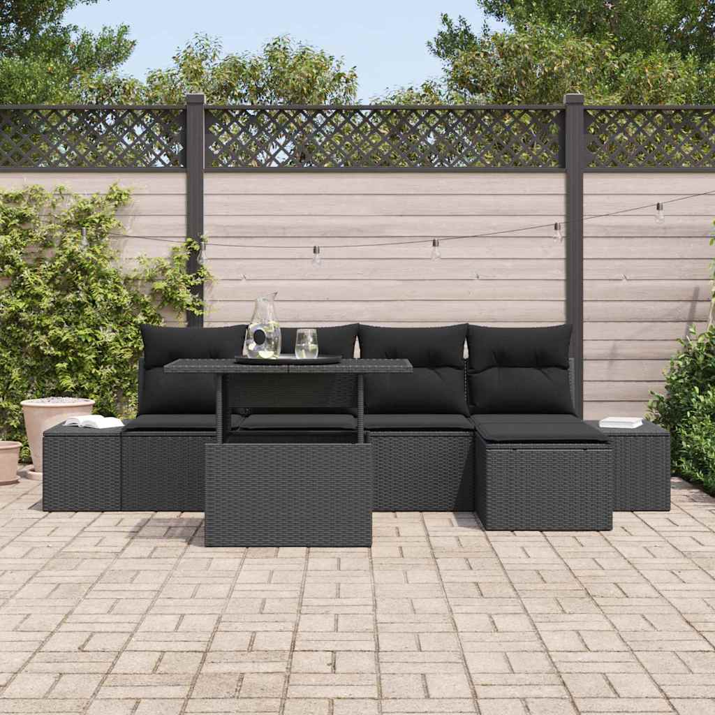Havesofa Sæt med pude med opbevaring 6 pcs Sort polyrattan