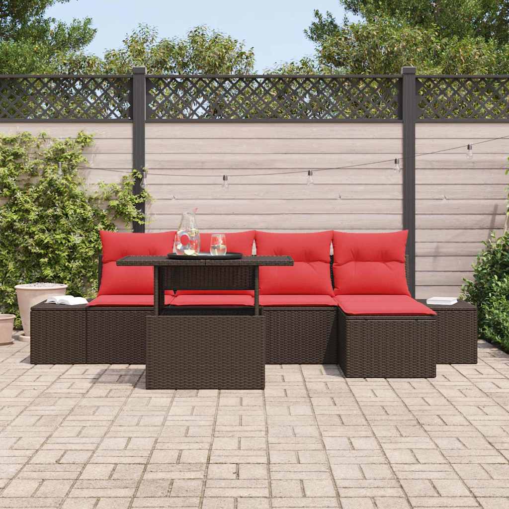 Havesofa Sæt med pude 6 pcs Brun og Rød polyrattan