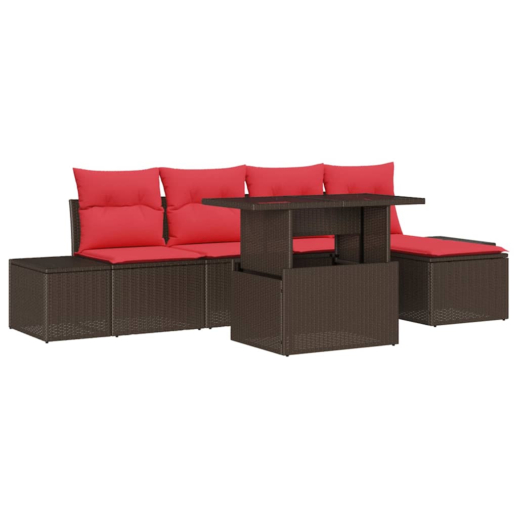 Havesofa Sæt med pude 6 pcs Brun og Rød polyrattan