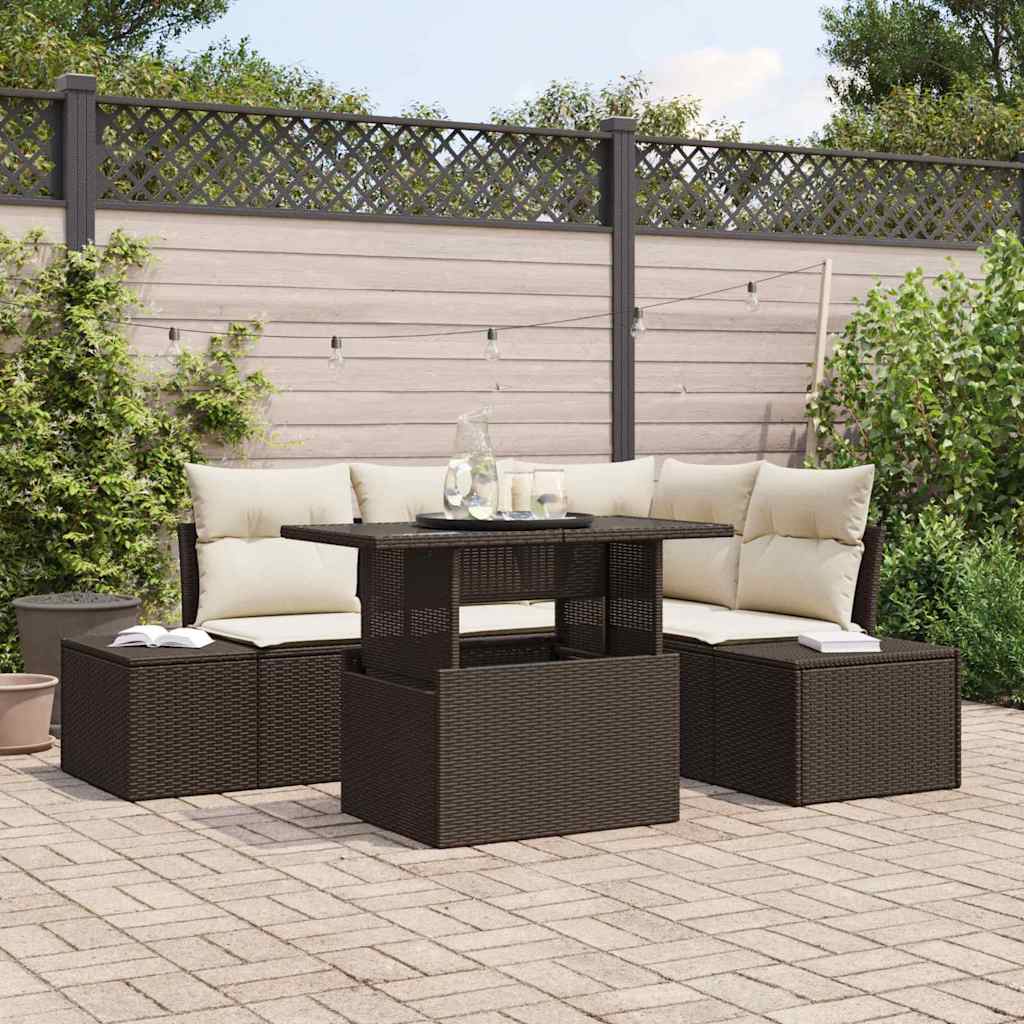 Havesofa Sæt med pude 5 pcs Brun og Creme polyrattan