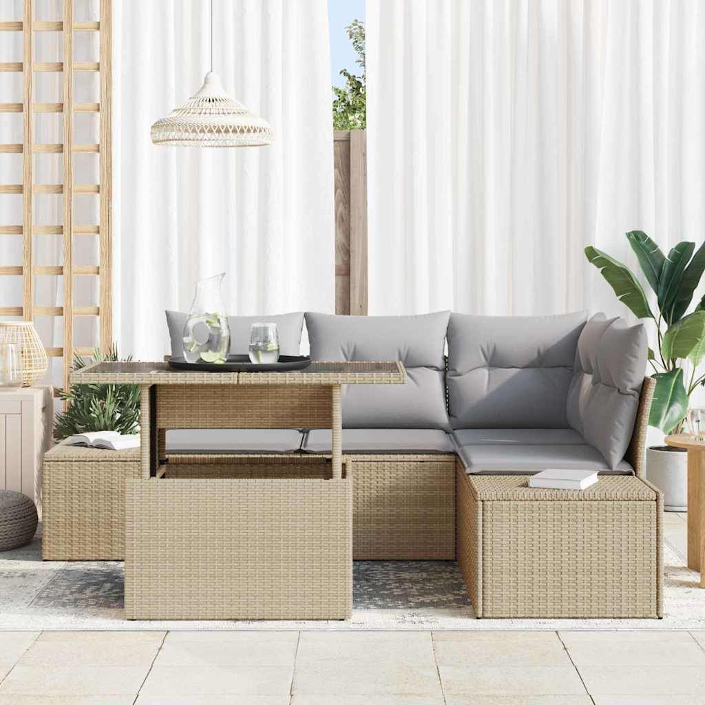 Havesofa Sæt med pude 5 pcs Beige og lys grå polyrattan