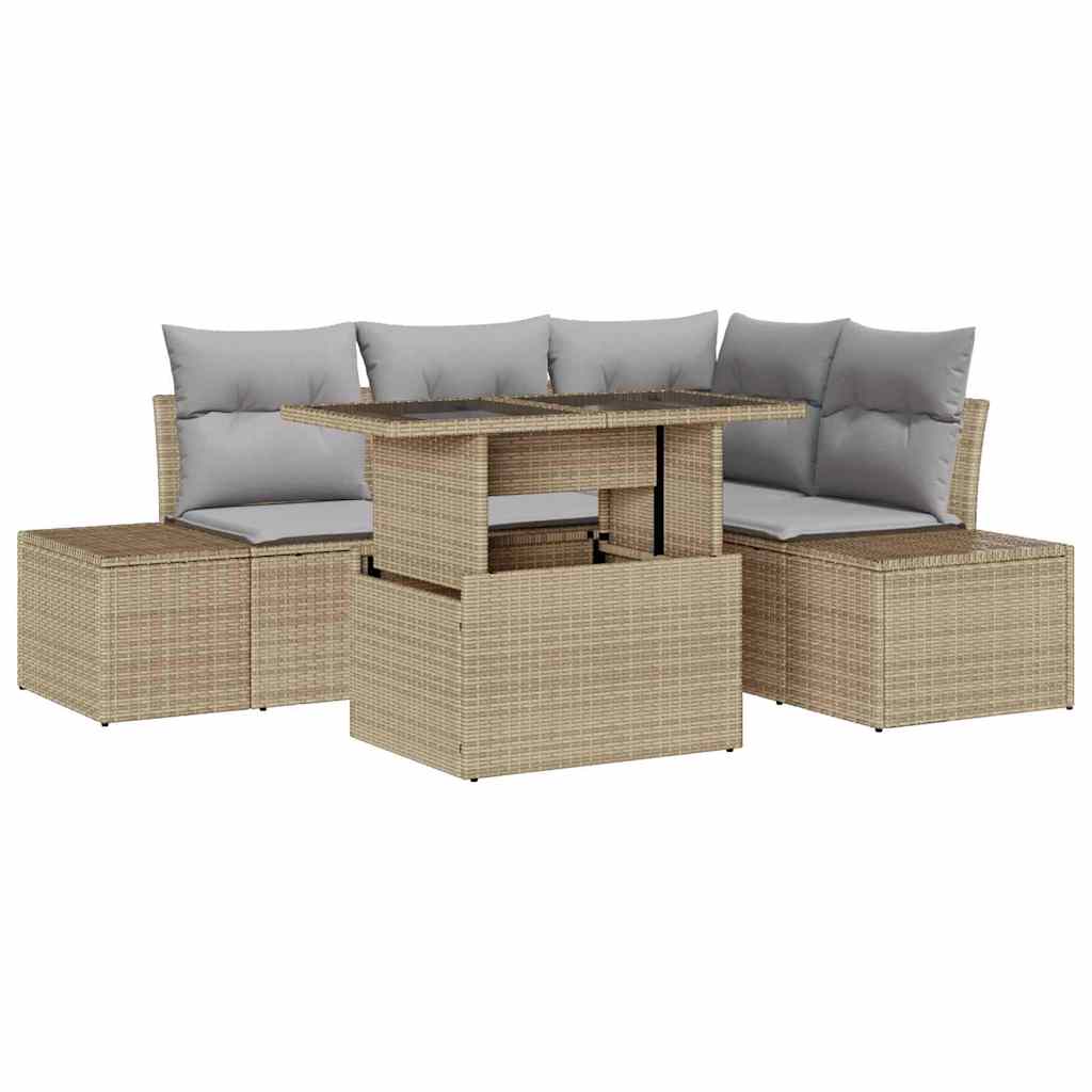 Havesofa Sæt med pude 5 pcs Beige og lys grå polyrattan