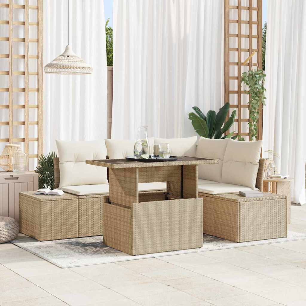 Havesofa Sæt med pude 5 pcs Beige og creme polyrattan