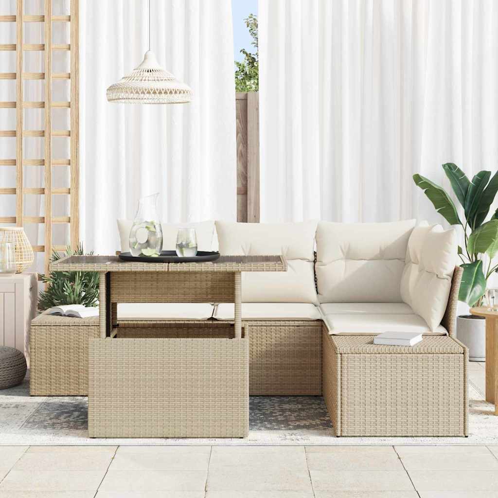Havesofa Sæt med pude 5 pcs Beige og creme polyrattan
