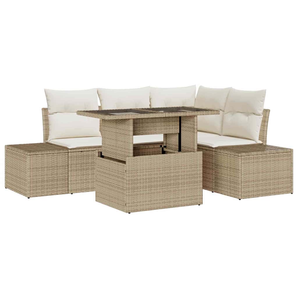 Havesofa Sæt med pude 5 pcs Beige og creme polyrattan